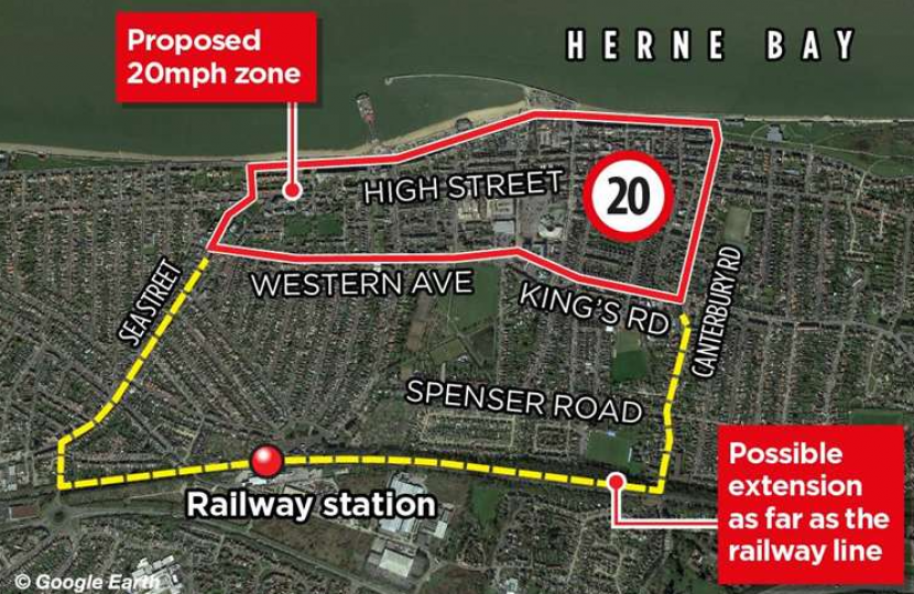 Proposed boundary of 20 mph zone in Herne Bay