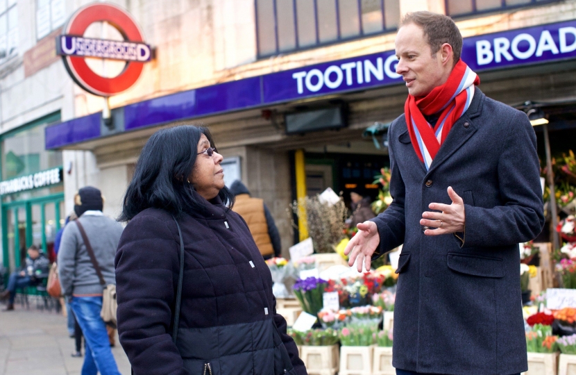 Discussing Crossrail 2 with local shop owner at Tooting Broadway