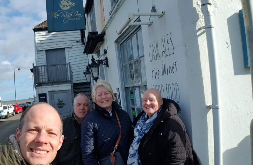 Councillor Dan Watkins, Councillor David Thomas and local campaigners Liz Harvey and Jane Thomas, in front of the Ship Inn, Herne Bay