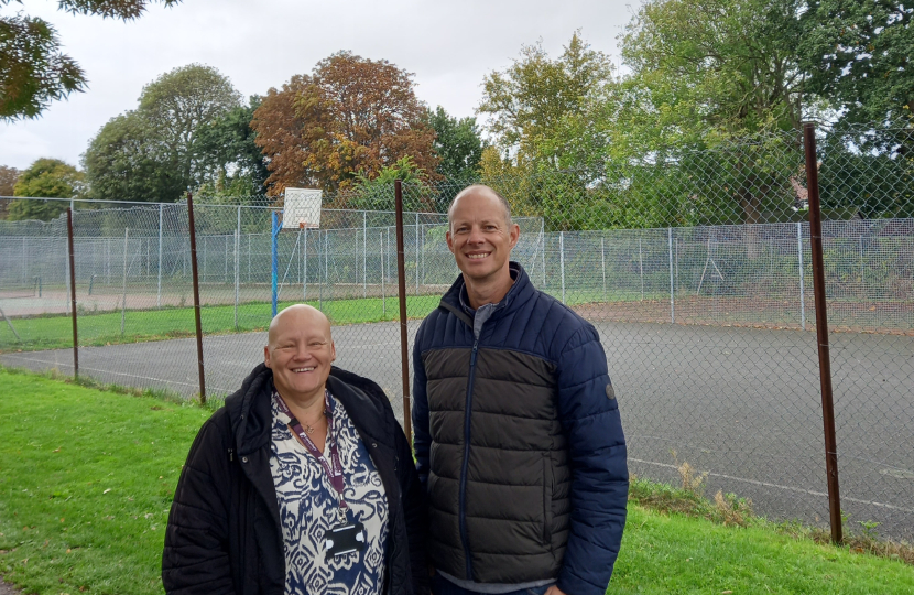 Dan Watkins and Cllr Liz Harvey at the Memorial Park Tennis Courts