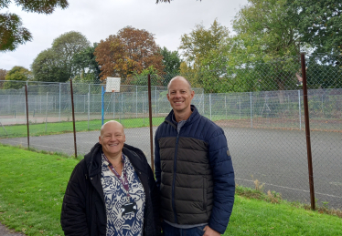 Dan Watkins and Cllr Liz Harvey at the Memorial Park Tennis Courts